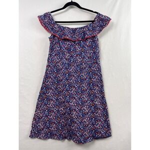 Boden Dress Women 8 Navy Blue Floral Cotton Ruffle Neck A-Line Beach Casual